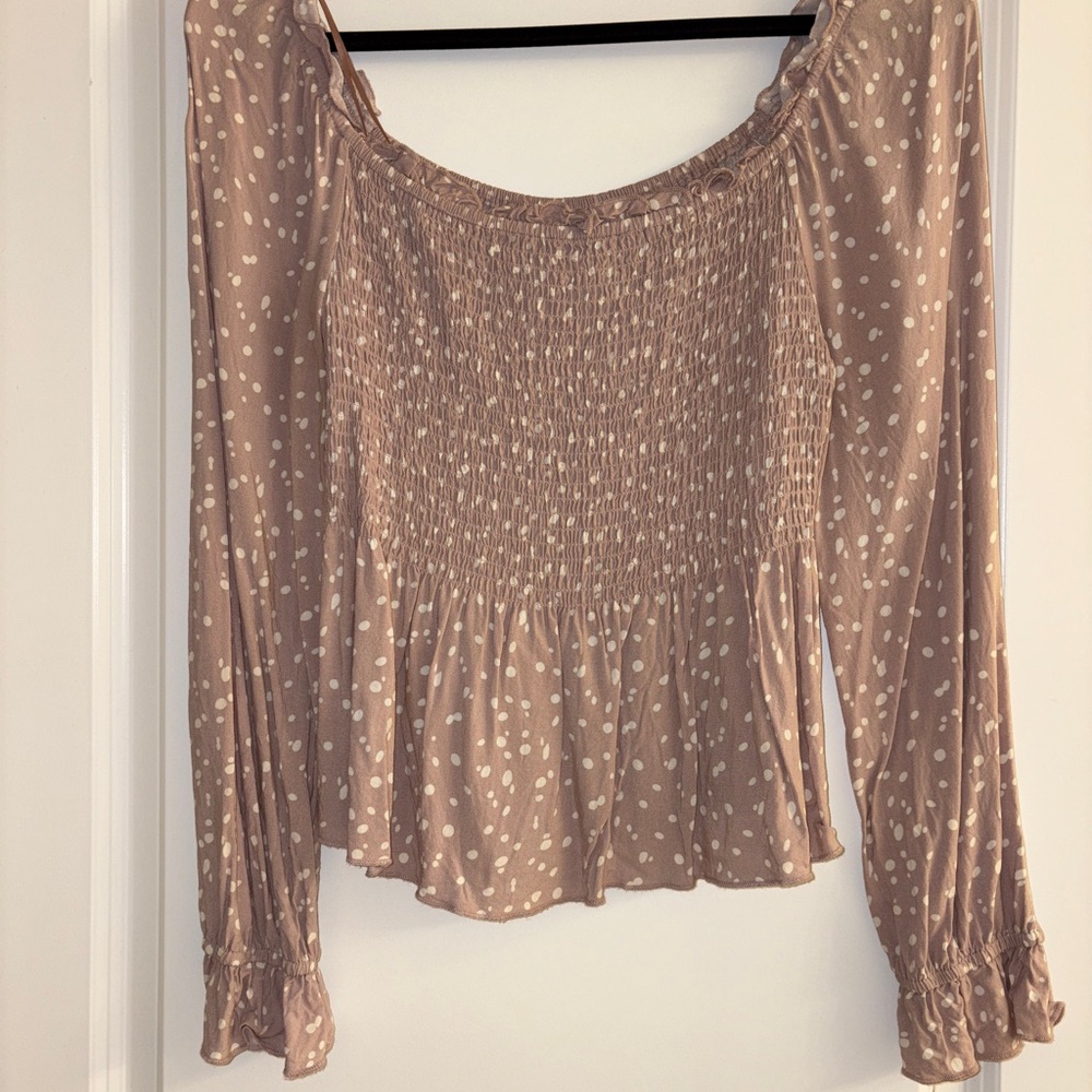 Polka Dot Smocked Blouse - Tan
